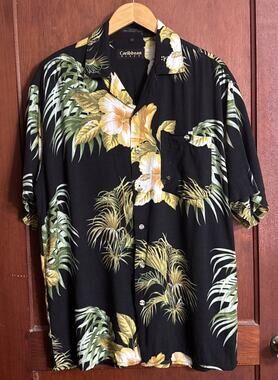 Caribbean Blues Men’s L Hawaiian Shirt Black Hibiscus Tropical Resort Beach